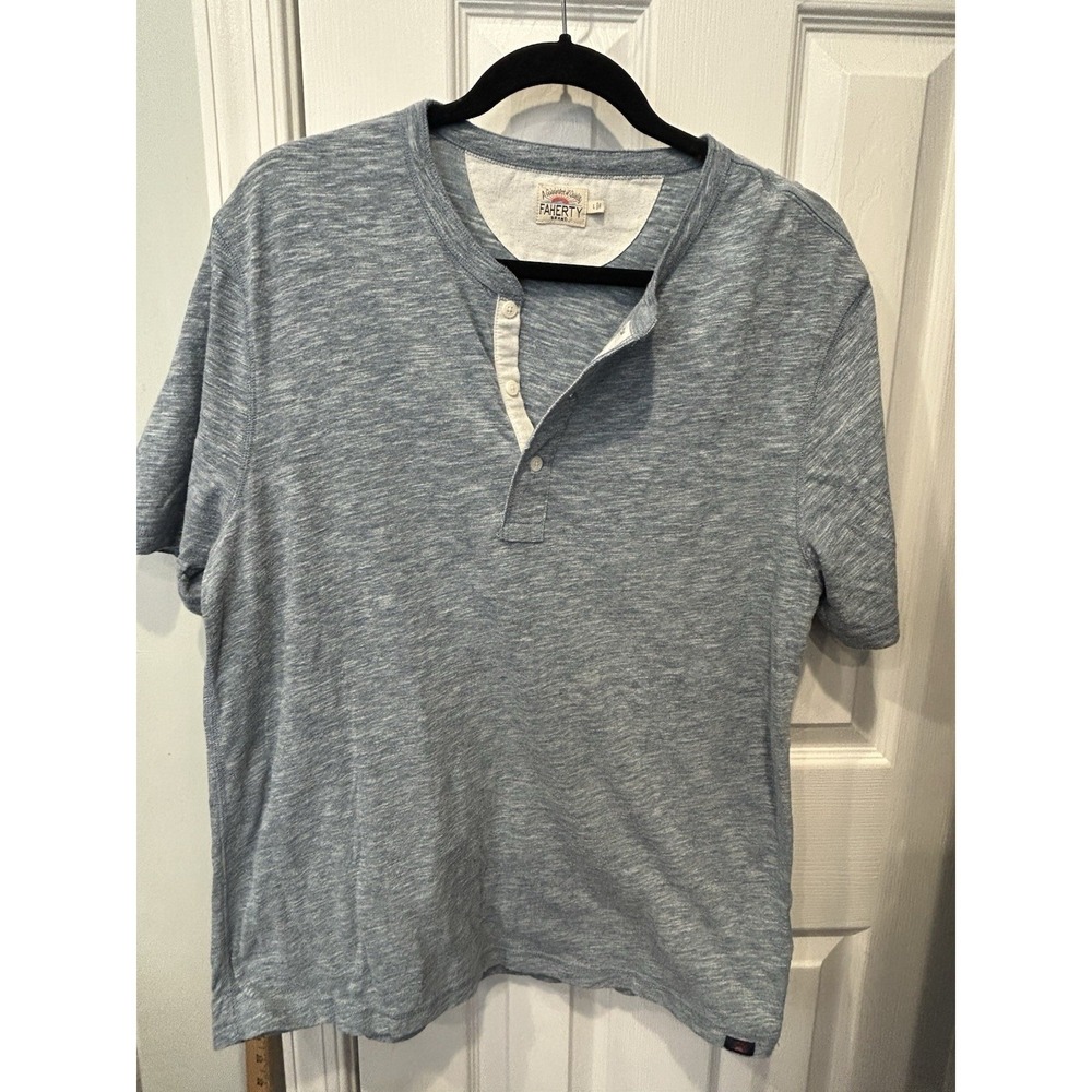 Faherty Slub Henley Tee Shirt Large Light Blue Short Sleeve Soft Stretch Casual